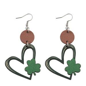 New In Packaging St Patrick's Day Heart With Clover Dangling Drop Wooden Earring